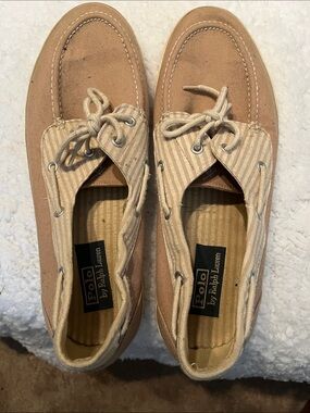 Polo by Ralph Lauren Tan Canvas Striped Boat Shoes